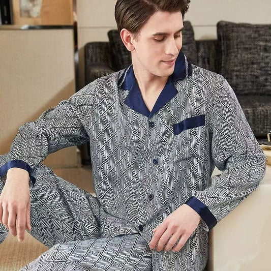 Male Mulberry Silk Pajama--- Diamond Pattern Long-Sleeve suit
