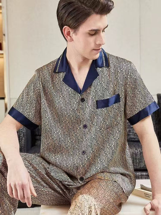 Male Mulberry Silk Pajama---Diamond-Shaped Lapel Short-Sleeve Suit