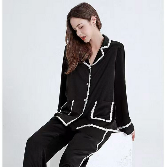 Famale Mulberry Silk Pajama -- Black + white border