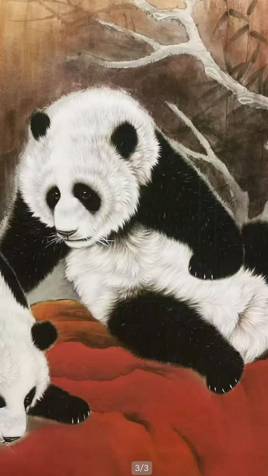 Hand-painted Chinese Artworks---Pandas bring peace for family