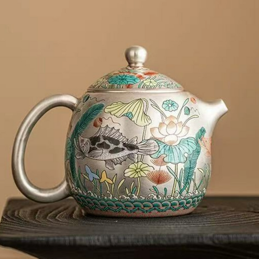 Gilded Silver Ceramic Cup with Fish and Waterweed Design