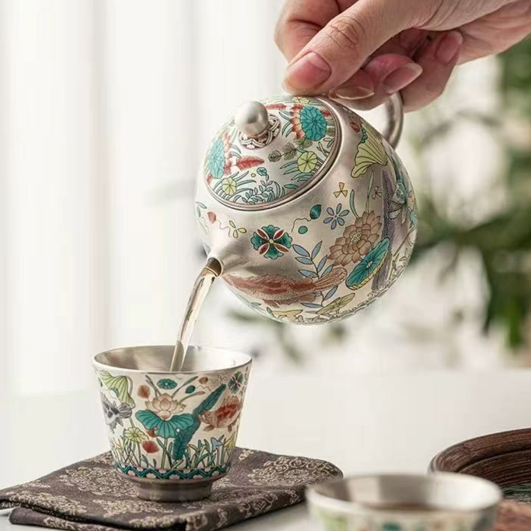 Gilded Silver Ceramic Cup with Fish and Waterweed Design