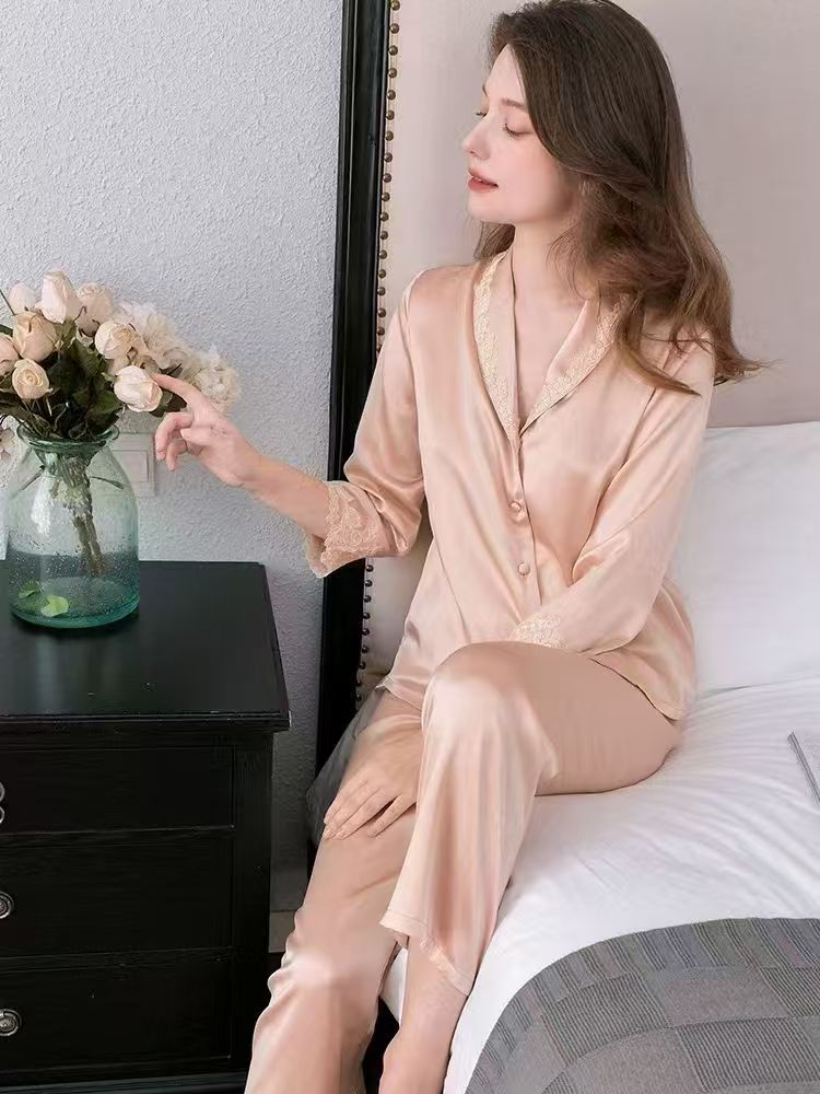 Famale Mulberry Silk Pajama---Jade & Lace