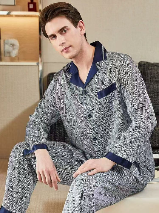 Male Mulberry Silk Pajama--- Diamond Pattern Long-Sleeve suit