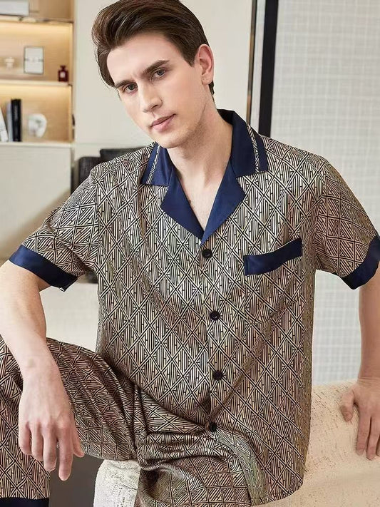 Male Mulberry Silk Pajama---Diamond-Shaped Lapel Short-Sleeve Suit