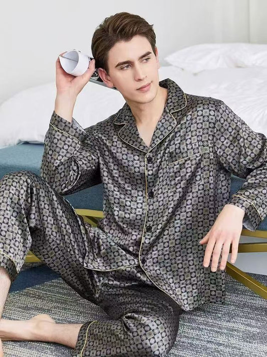 Male Mulberry Silk Pajama--- Small Check Print Long-Sleeve Set