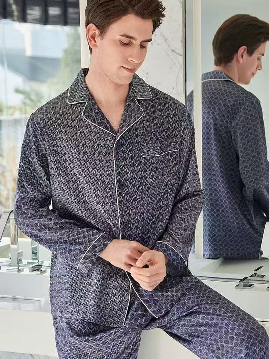 Male Mulberry Silk Pajama--- Pine needle Print Long-Sleeve Set