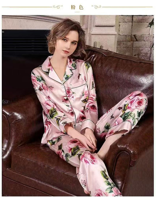 Famale Mulberry Silk Pajama---Rose Pattern