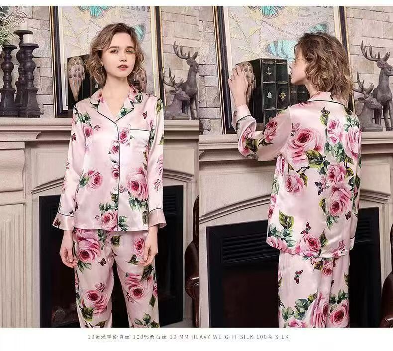 Famale Mulberry Silk Pajama---Rose Pattern