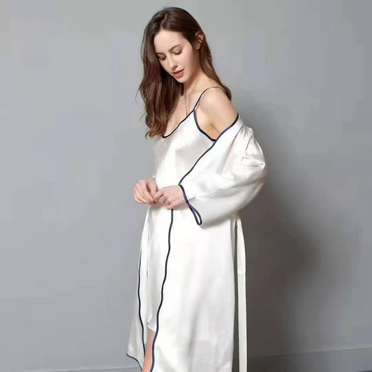 Famale Mulberry Silk Pajama--- White & black border dresses