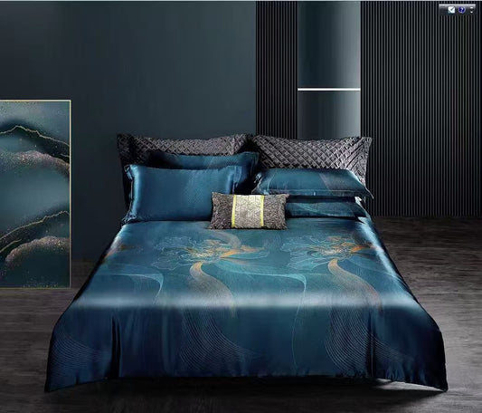 Sea Breeze Blue Mulberry Silk Bedding Set--- Double size 4 pieces