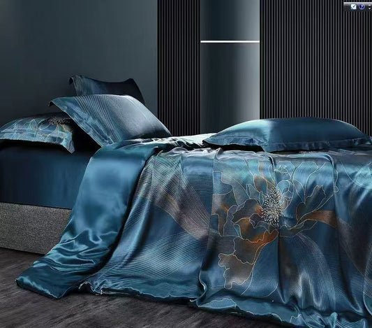 Sea Breeze Blue Mulberry Silk Bedding Set--- Double size 4 pieces