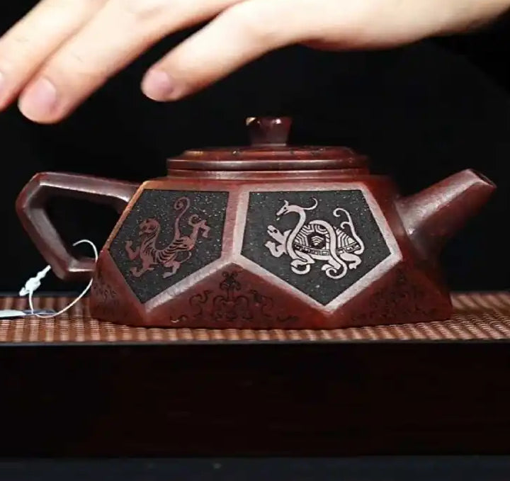 Hexagonal Carved Purple Clay Teapot---Ancient Sludge from Original Mine