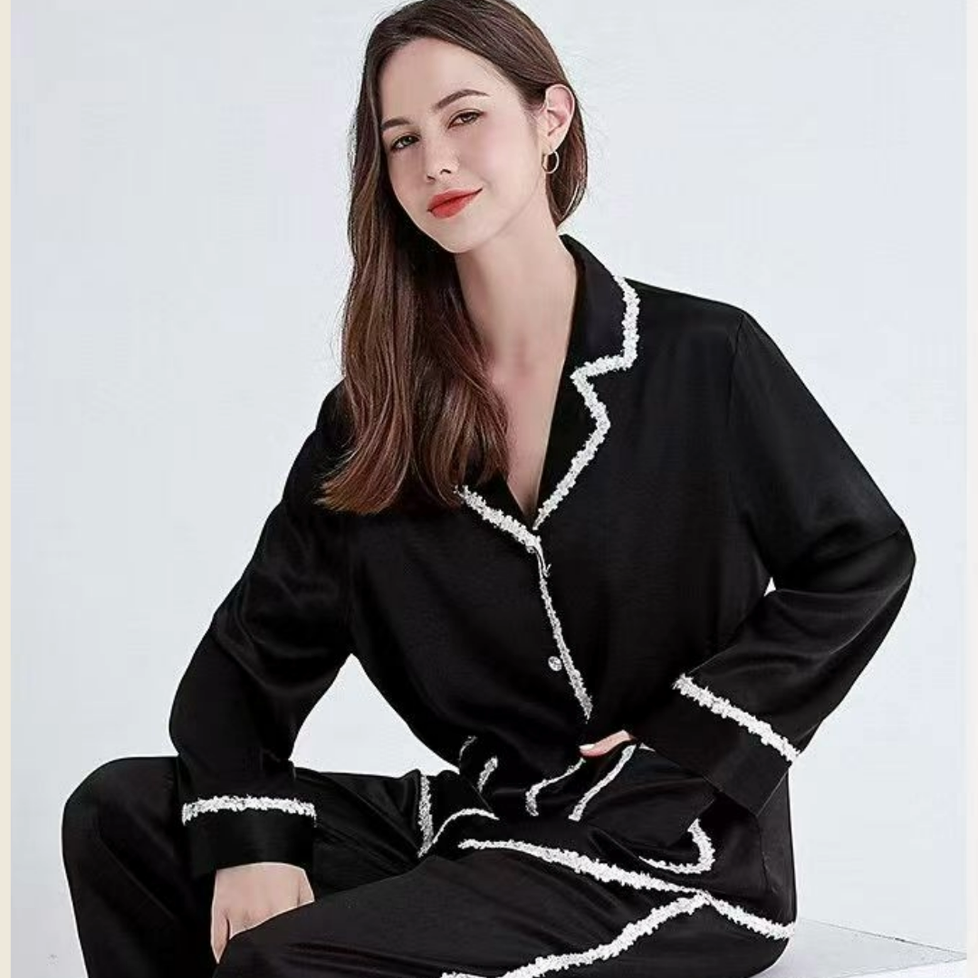 Famale Mulberry Silk Pajama -- Black + white border
