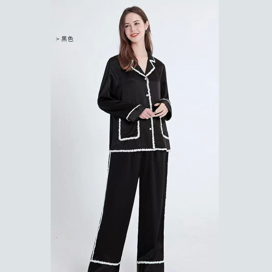 Famale Mulberry Silk Pajama -- Black + white border