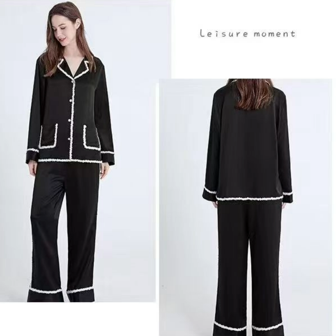 Famale Mulberry Silk Pajama -- Black + white border