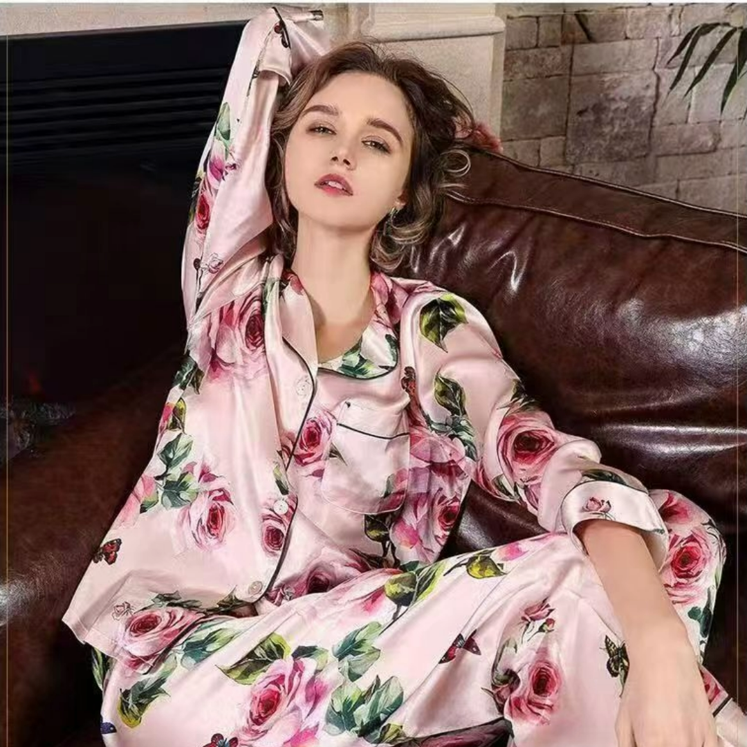 Famale Mulberry Silk Pajama---Rose Pattern