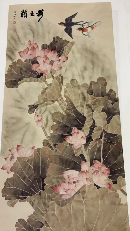 Hand-Painted Chinese Artworks---The Charm of Lotus  140cm