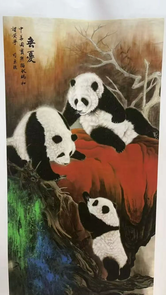 Hand-painted Chinese Artworks---Pandas bring peace for family