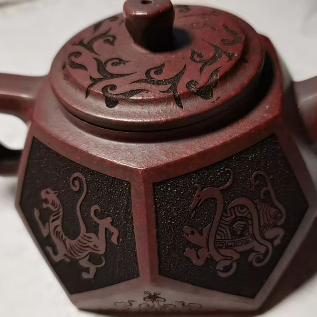 Hexagonal Carved Purple Clay Teapot---Ancient Sludge from Original Mine