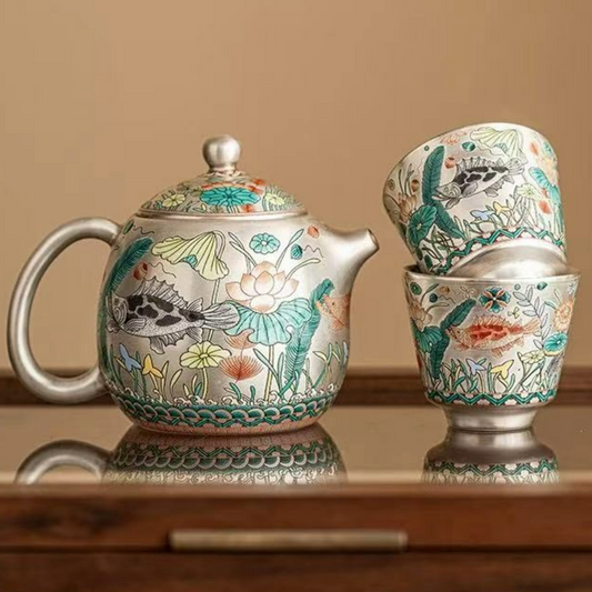 Gilded Silver Ceramic Cup with Fish and Waterweed Design