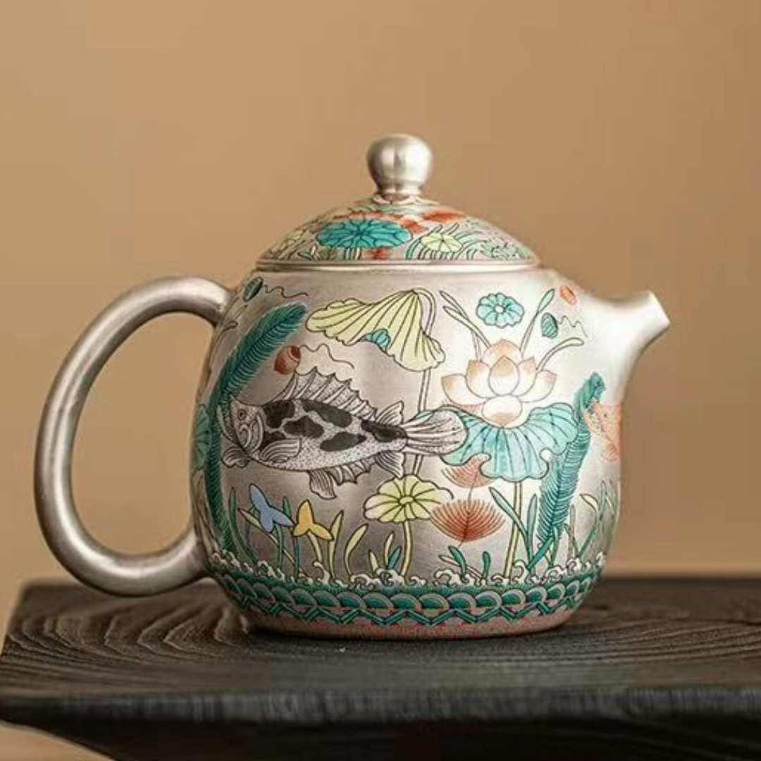 Gilded Silver Ceramic Cup with Fish and Waterweed Design