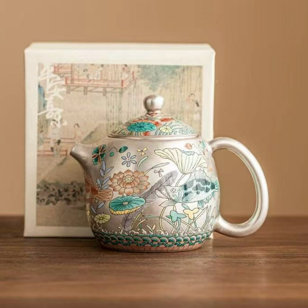 Gilded Silver Ceramic Cup with Fish and Waterweed Design