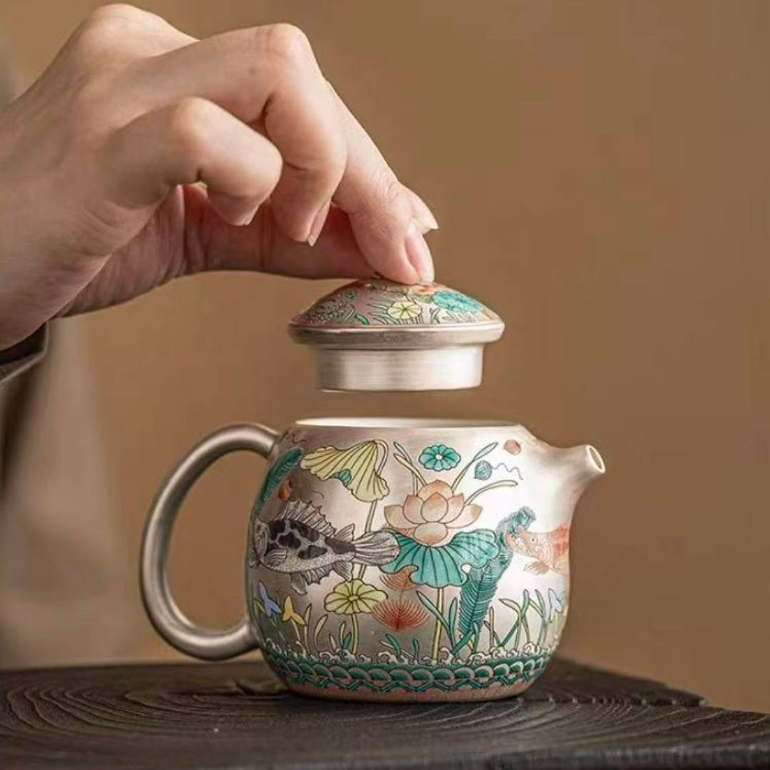 Gilded Silver Ceramic Cup with Fish and Waterweed Design