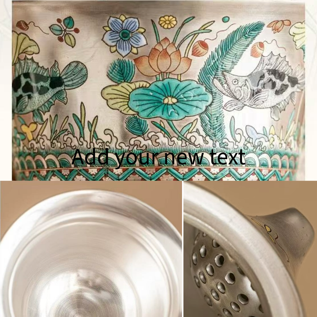 Gilded Silver Ceramic Cup with Fish and Waterweed Design