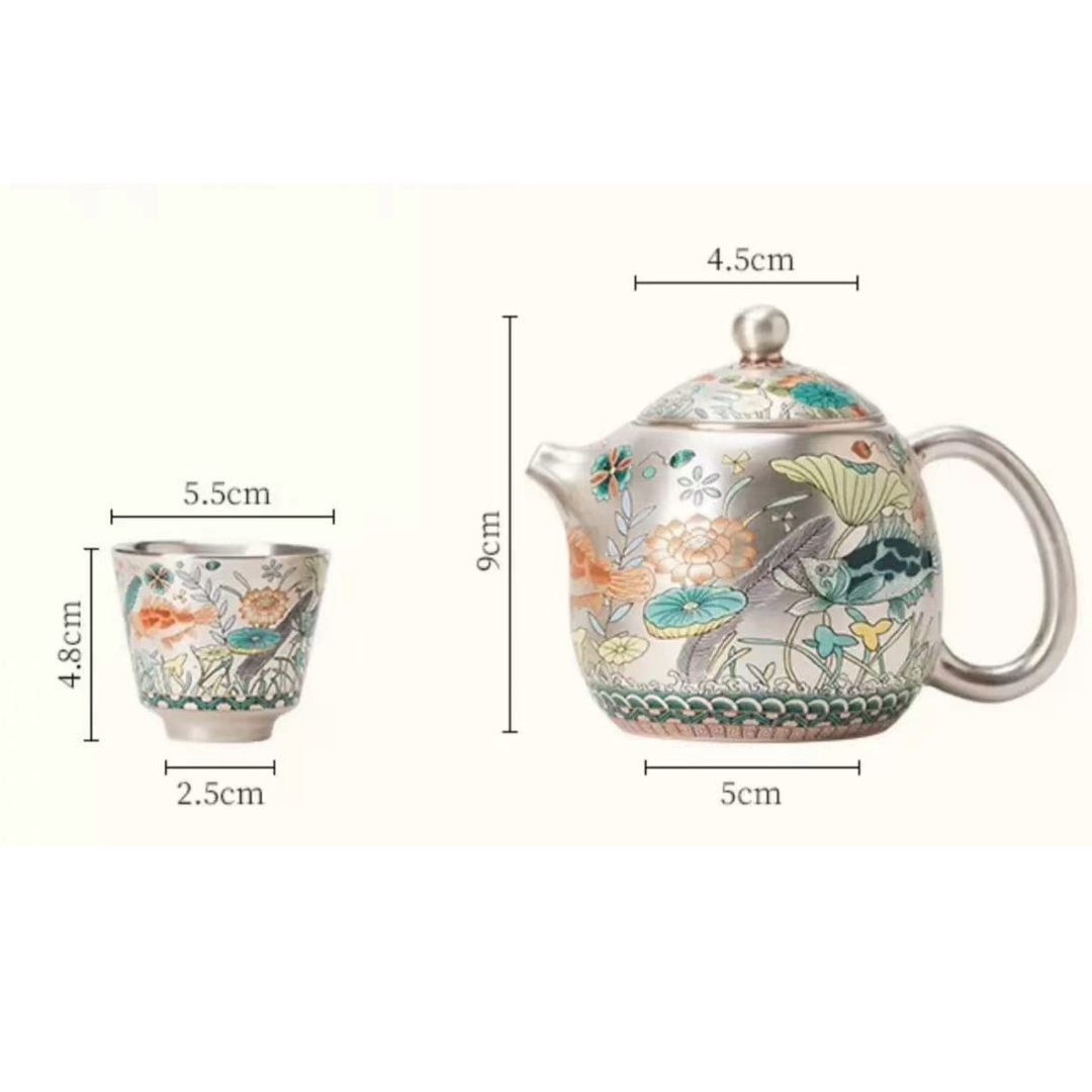 Gilded Silver Ceramic Cup with Fish and Waterweed Design