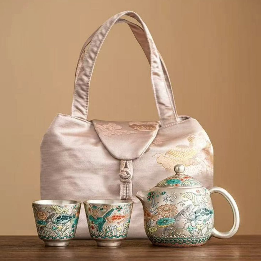 Gilded Silver Ceramic Cup with Fish and Waterweed Design